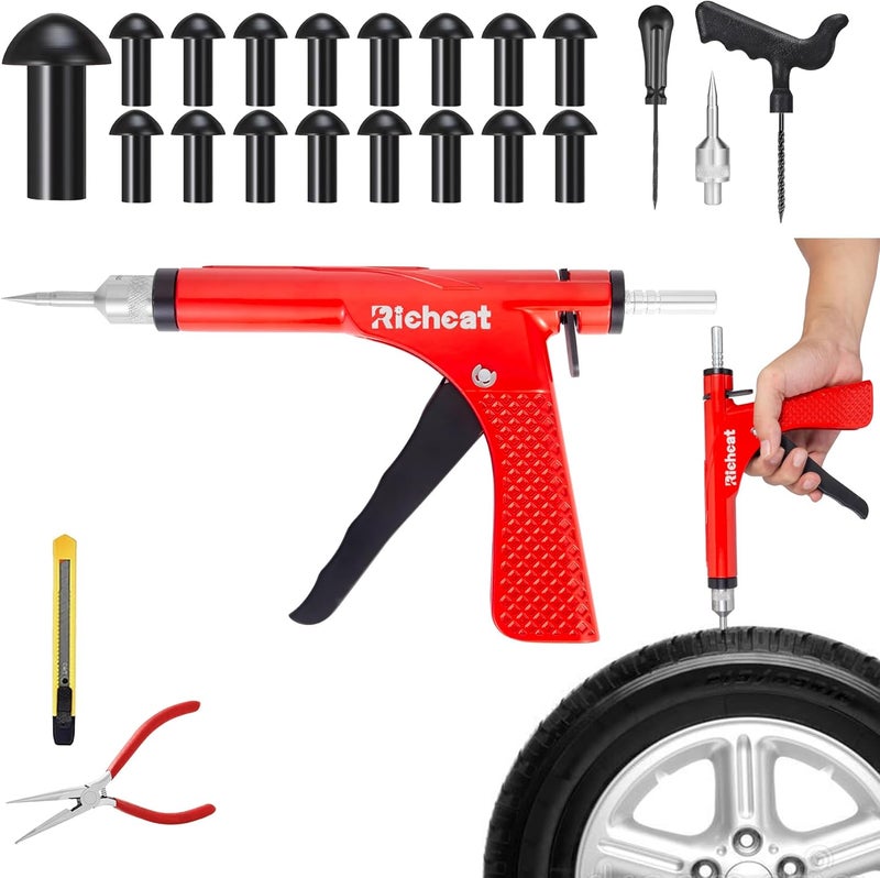 Richcat Tubeless Tire Puncture Repair Kit with Mushroom Plug, repairs punctures and flat tires for motorcycles, cars, trucks, ATVs,Gun Puncture Repair Kit(Updated to the new model in January 2026) - Image 1